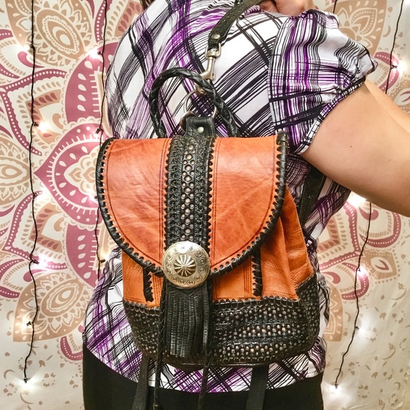 Handbags - HP 🎉 Handmade Boho Leather Backpack Silver Concho